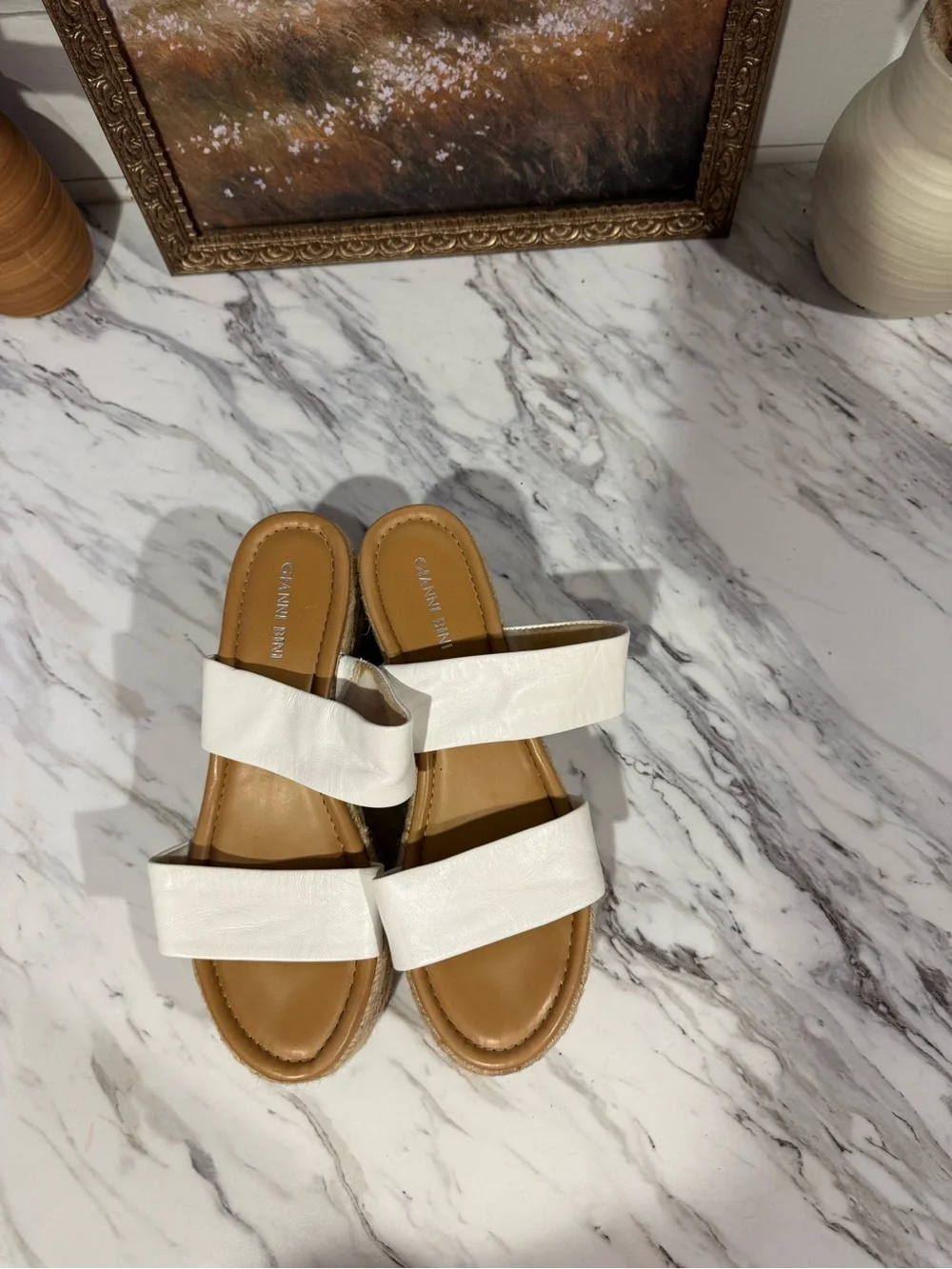 Gianni Bini White Espadrille Platform Slide Sandals with Multicolor Stripe Sole